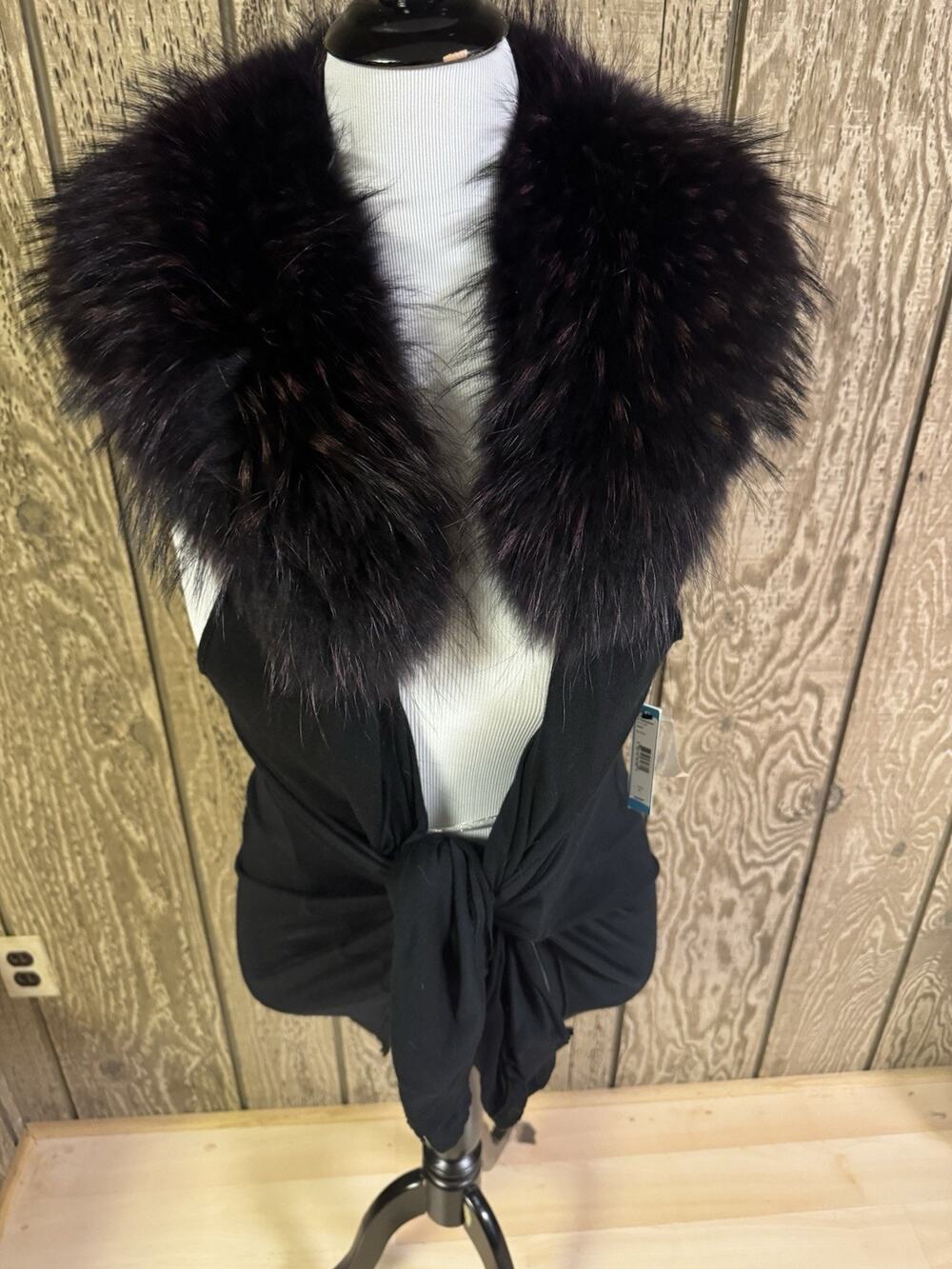 Alice + Olivia Cashmere Wool Raccoon Fur Collar Open Cardigan Sleeveless Size L